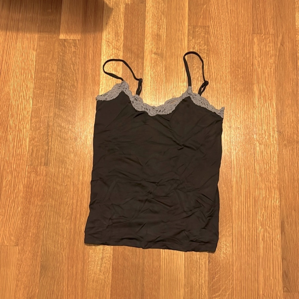 ONLY HEARTS.Made in NYC. Size S.Black cami with purpleish gray lace.Nylon/lycra.